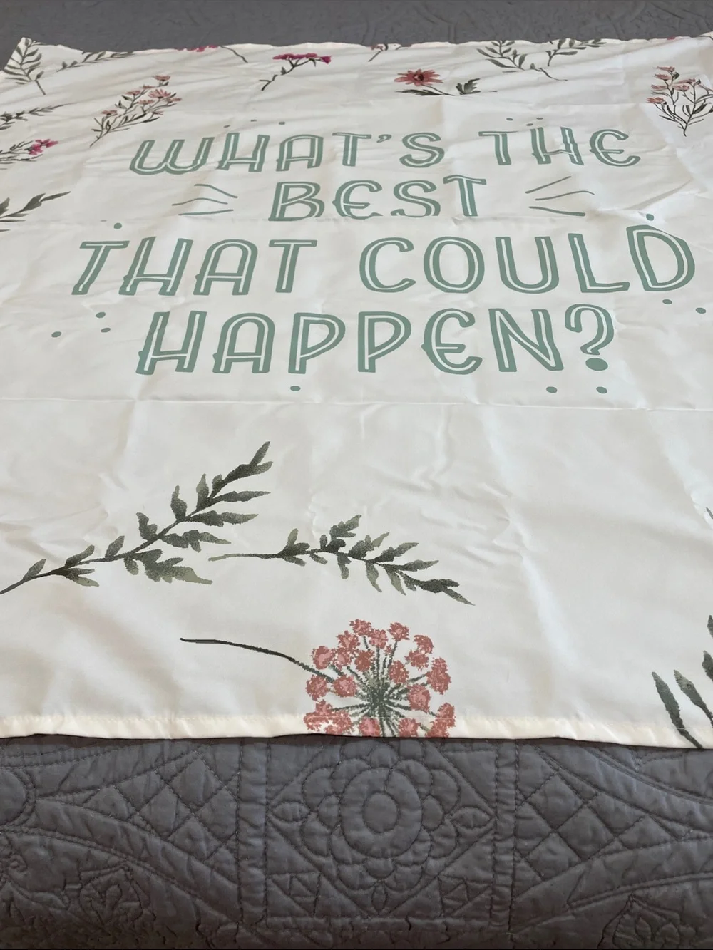 Forever 21 cream tapestry with Pink Floral and Green Lettering